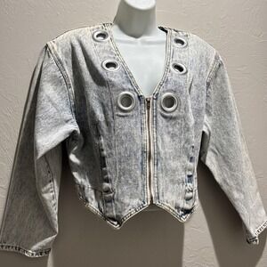 VTG acid-washed cropped denim jacket Medium grommets zipper closure, V Neck, USA